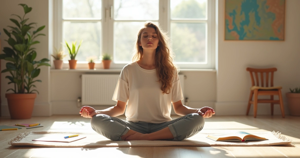 Pessoa em posição de meditação em ambiente iluminado e criativo 