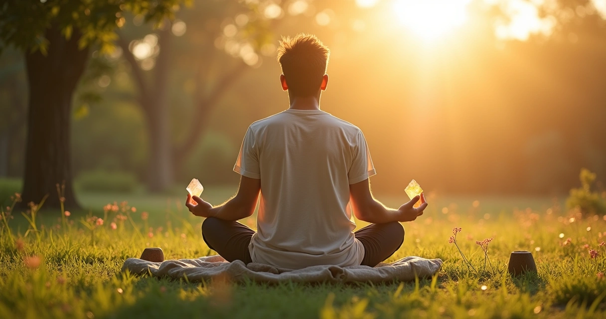 Praticante meditando com citrino e turmalina negra em um ambiente natural sereno ao entardecer.