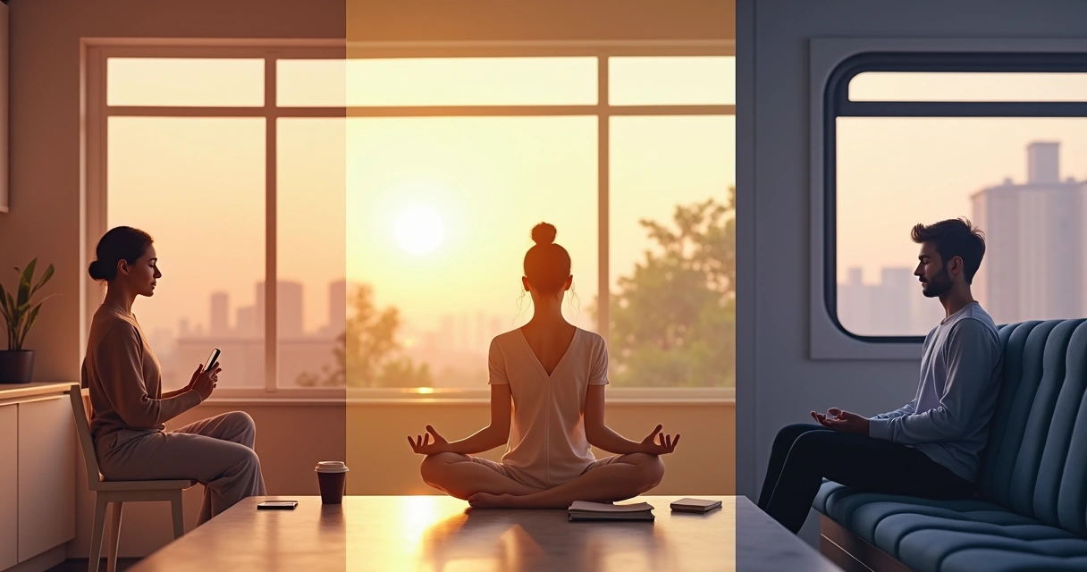 Sequência de pequenas meditações mostradas em cenas diferentes ao longo do dia 