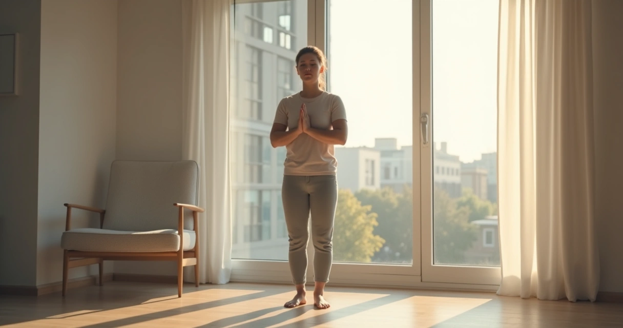 Pessoa em pé meditando perto de uma janela 
