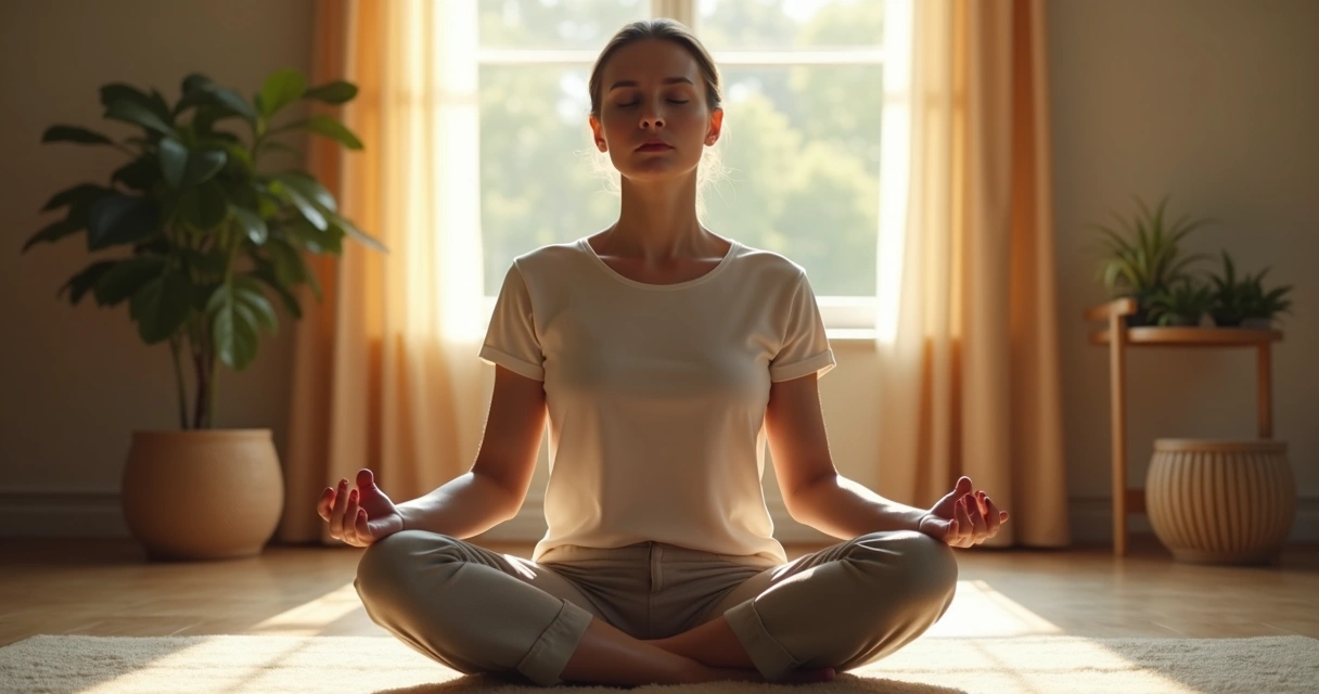 Pessoa sentada meditando em posição confortável, com fundo suave e luz natural suave, transmitindo calma 