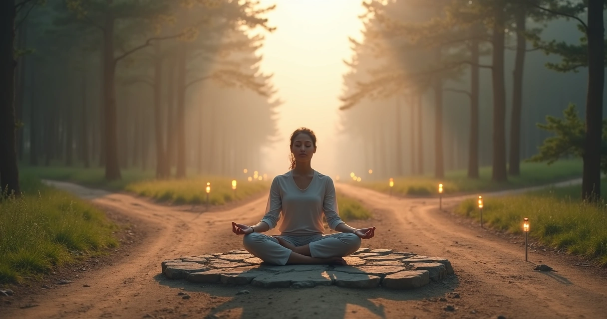 Pessoa sentada em meditação no cruzamento de vários caminhos iluminados ao amanhecer 