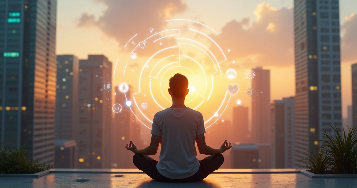 Pessoa em meditação diante de encruzilhada luminosa em cidade futurista ao pôr do sol 