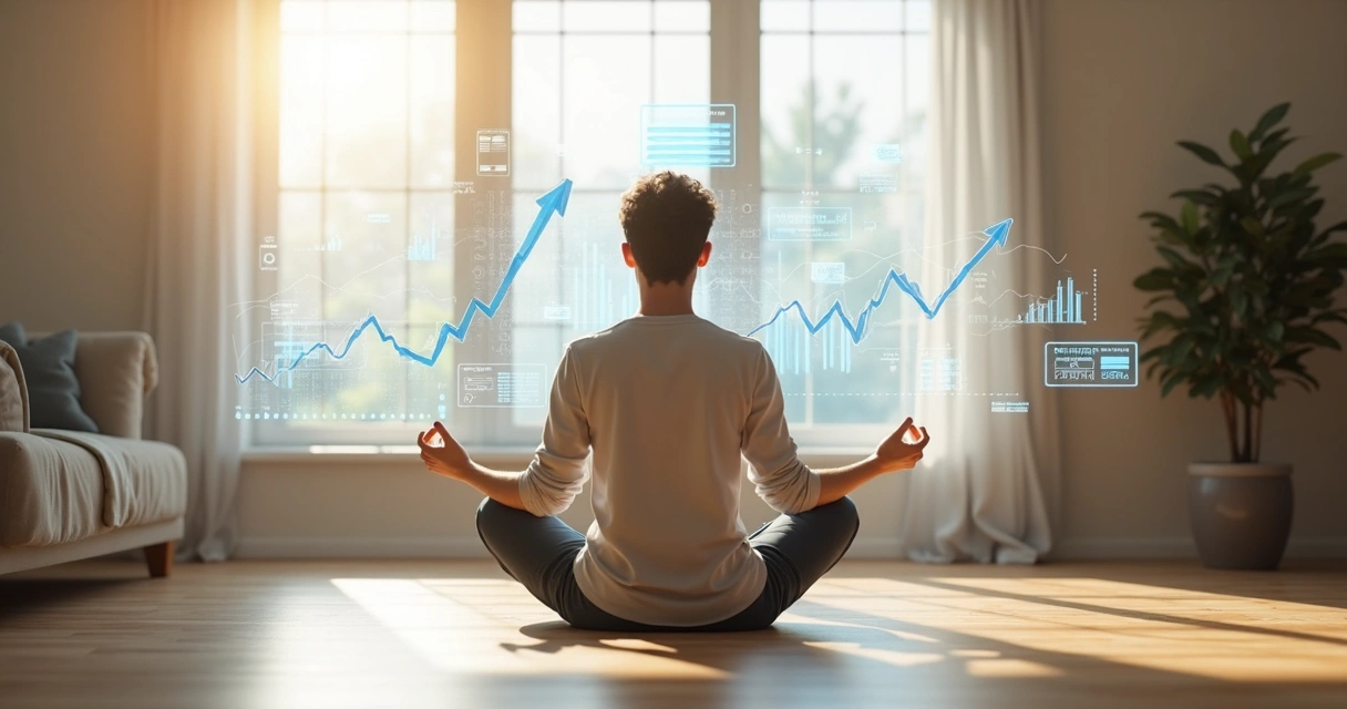 Pessoa sentada em posição de meditação analisando gráficos financeiros à sua volta