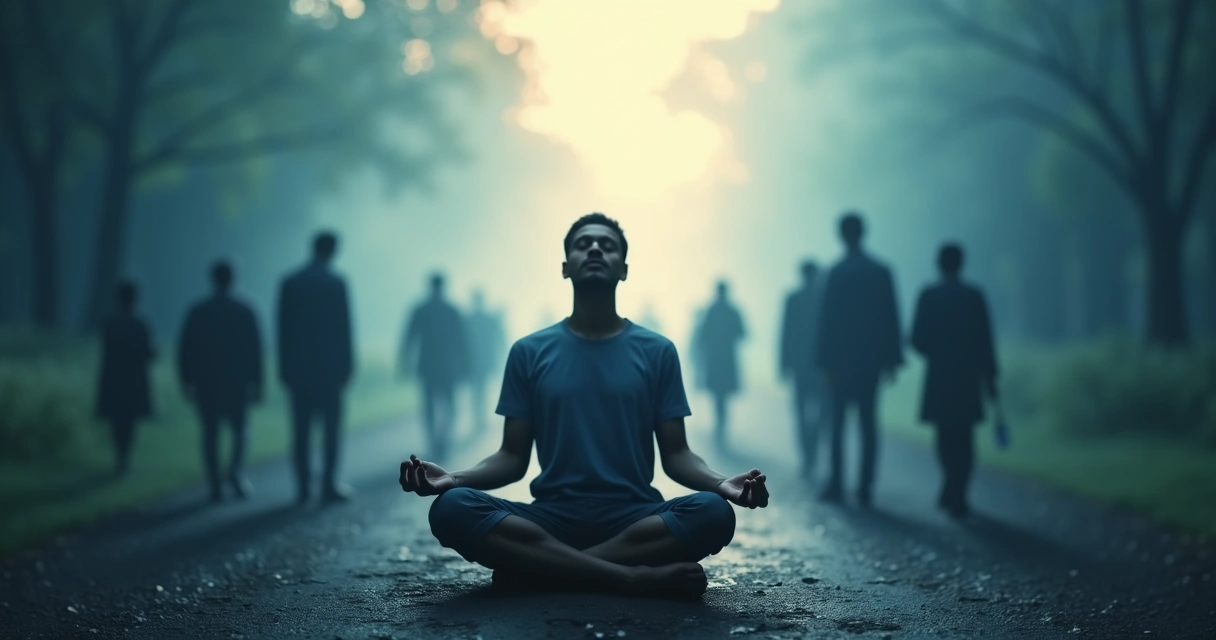 Pessoa meditando com olhos fechados, ao fundo várias silhuetas representando diferentes escolhas