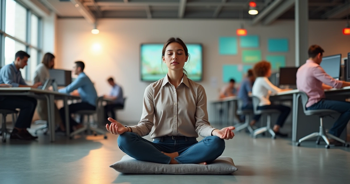 Pessoa meditando em escritório diante de muitos compromissos e pressão diária 