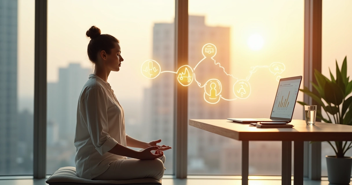 Pessoa meditando em escritório moderno com fluxo de luz conectando mente e decisões 