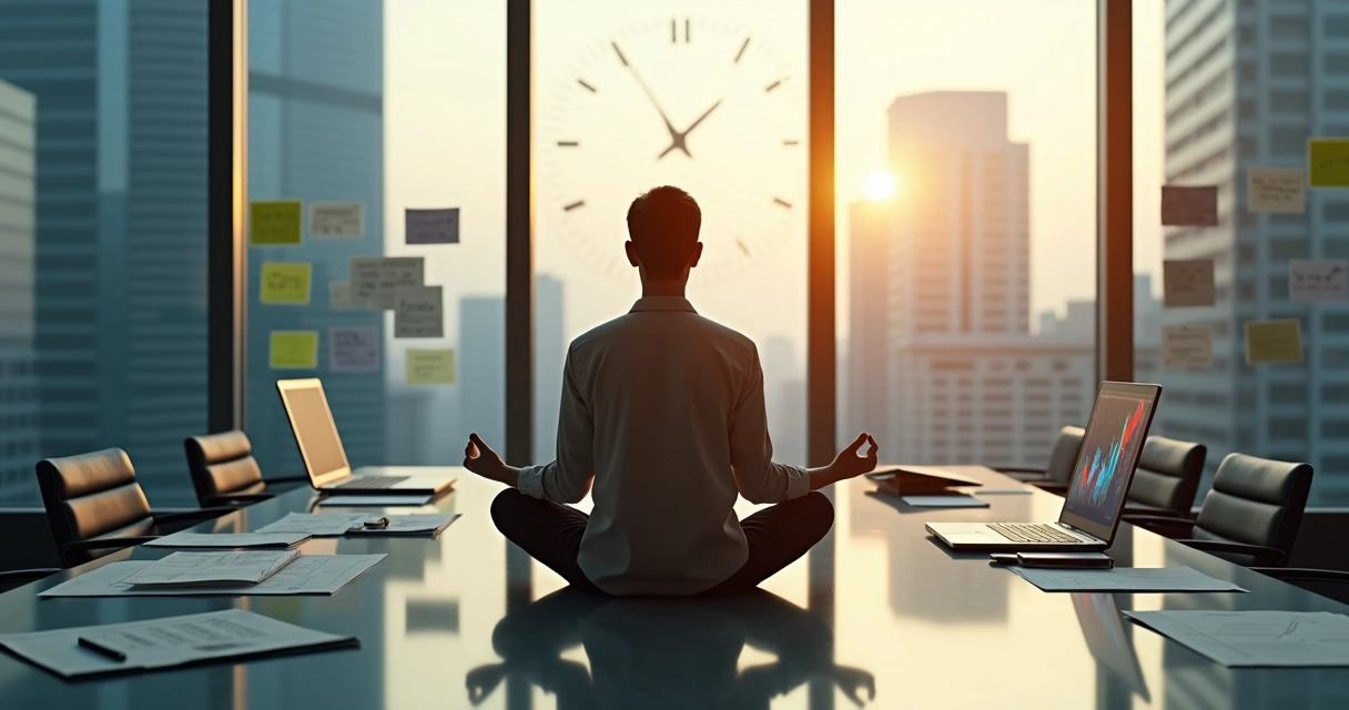 Executivo meditando em sala de reunião enquanto gráficos e relógio simbolizam pressão ao redor 