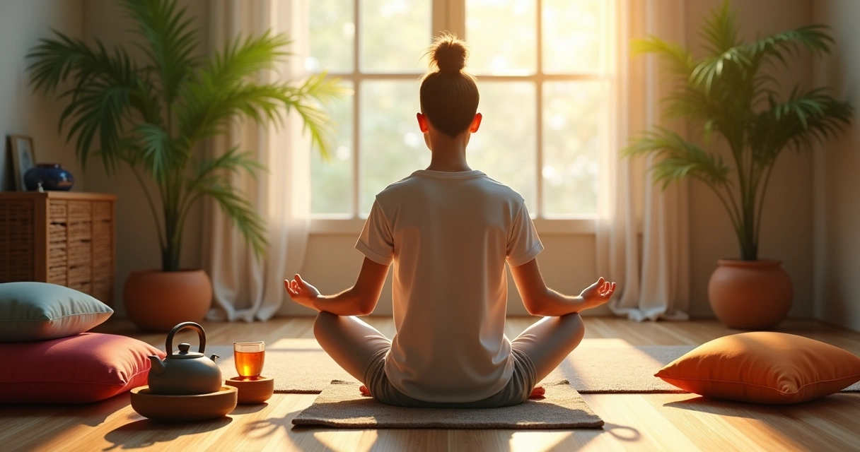 Pessoa sentada em posição de lótus, ambiente calmo com chá ao lado, luz suave, detalhes de almofadas ao redor. 