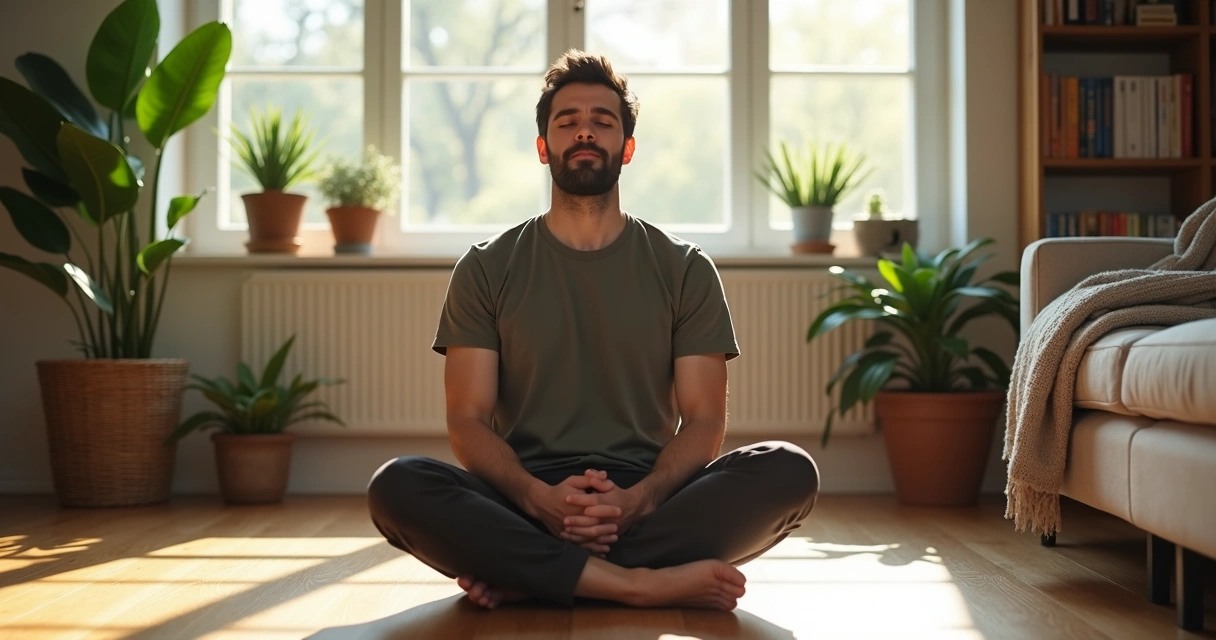 Homem sentado em silêncio no chão, de olhos fechados, meditando 