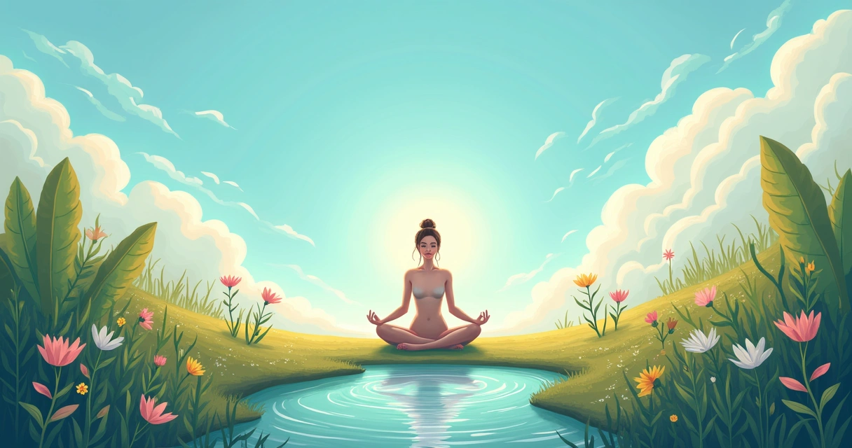 Uma pessoa meditando em um ambiente natural tranquilo, rodeada de vegetação e luz suave do sol.