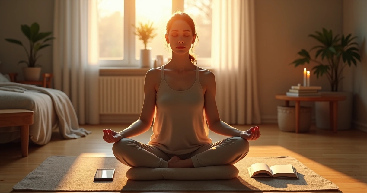 Pessoa sentada para meditar ao amanhecer dividida entre levantar e continuar sentada 