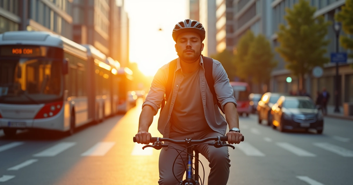 Ciclista respirando fundo em pausa tranquila no meio da cidade 