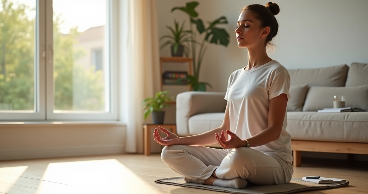 Pessoa meditando na sala de estar durante a manhã 