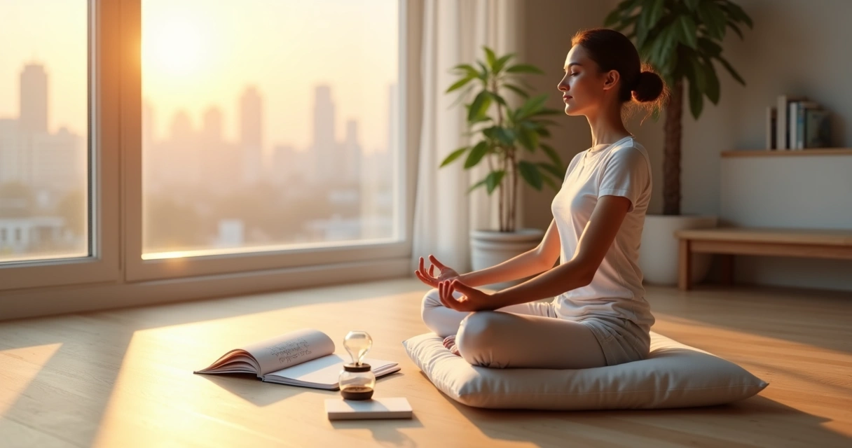 Pessoa meditando sentada em posição de lótus em uma sala iluminada com caderno de autoconhecimento ao lado 