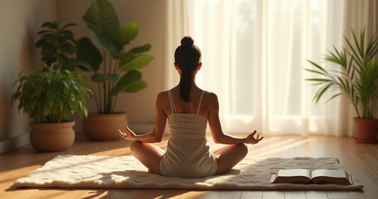 Pessoa sentada em posição de meditação em ambiente tranquilo com luz suave, aparência de serenidade, livro aberto ao lado, plantas ao fundo, atmosfera acolhedora 