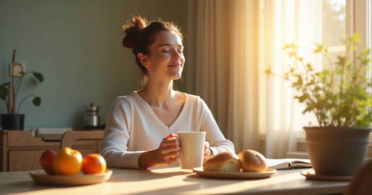 Pessoa tomando café da manhã e meditando na mesa 