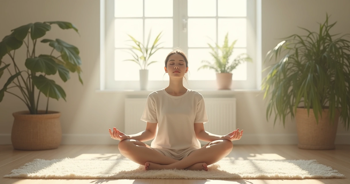 Pessoa sentada em posição de meditação em ambiente claro, foco no rosto sereno 
