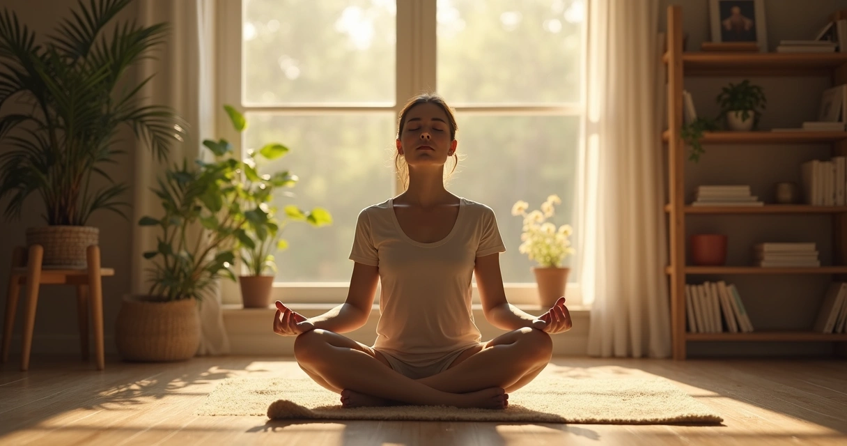 Pessoa sentada em posição de meditação em ambiente doméstico aconchegante, com luz suave ao fundo, livros e plantas ao redor.