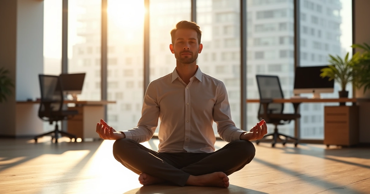 Pessoa meditando em posição de lótus em sala de escritório iluminada por luz natural 