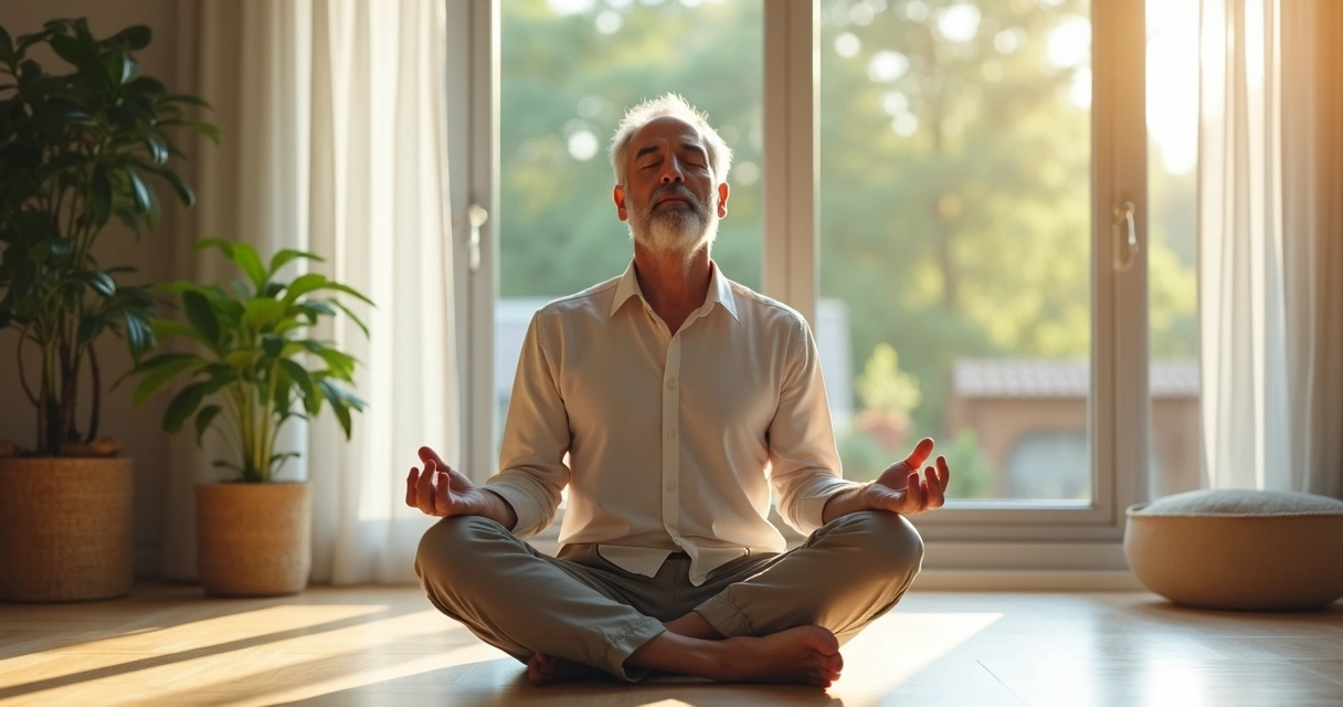 Homem sentado no chão, meditando em um ambiente tranquilo e iluminado