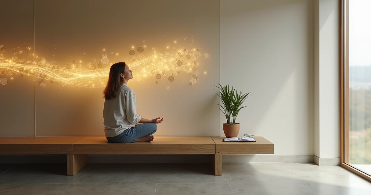 Pessoa em postura meditativa diante de painel com fluxo de dinheiro em forma de luz 