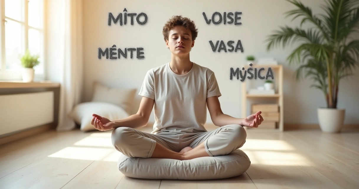 Pessoa meditando enquanto palavras de mito se desfazem ao redor 
