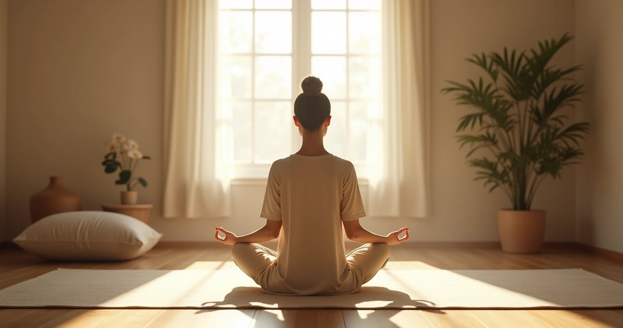 Pessoa sentada em posição meditativa em sala arejada com luz suave 