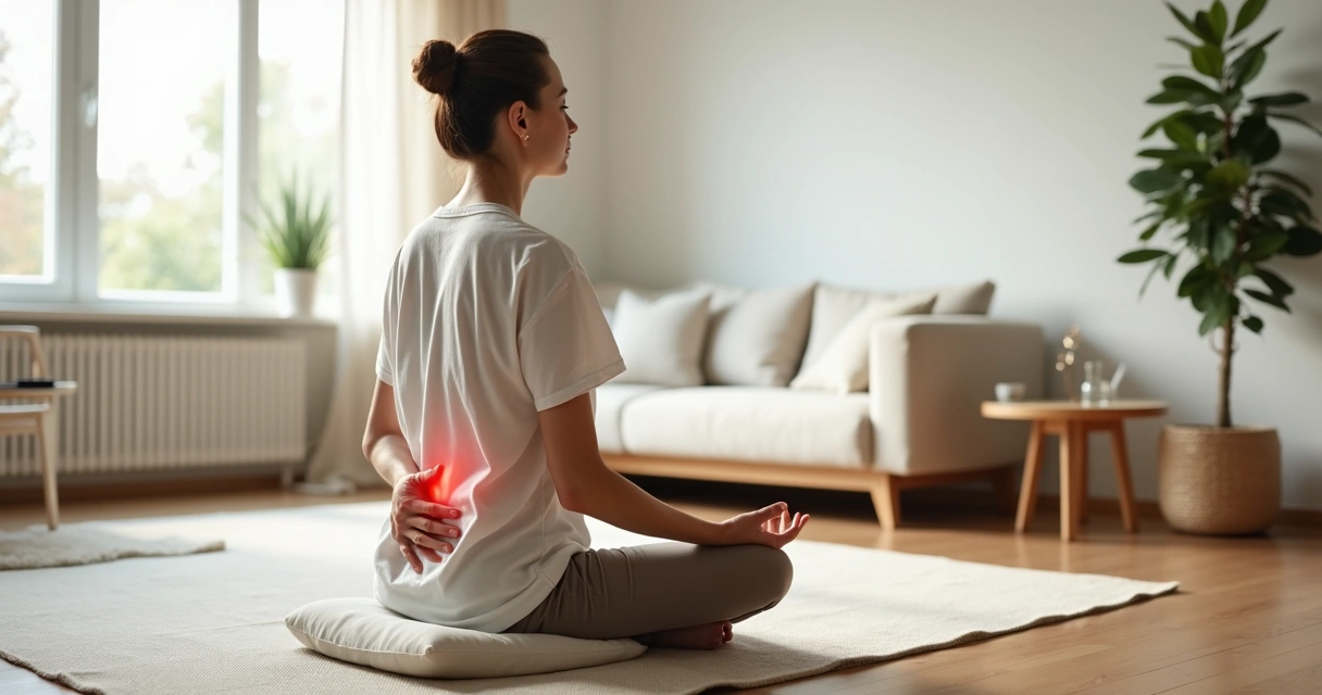 Pessoa adulta meditando sentada em sala clara com mão apoiada na lombar 
