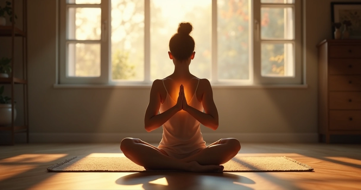Pessoa sentada em posição de meditação com mãos sobre o coração, luz suave iluminando o ambiente. 