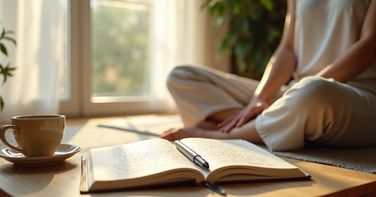 Pessoa sentada escrevendo após meditação em ambiente claro 