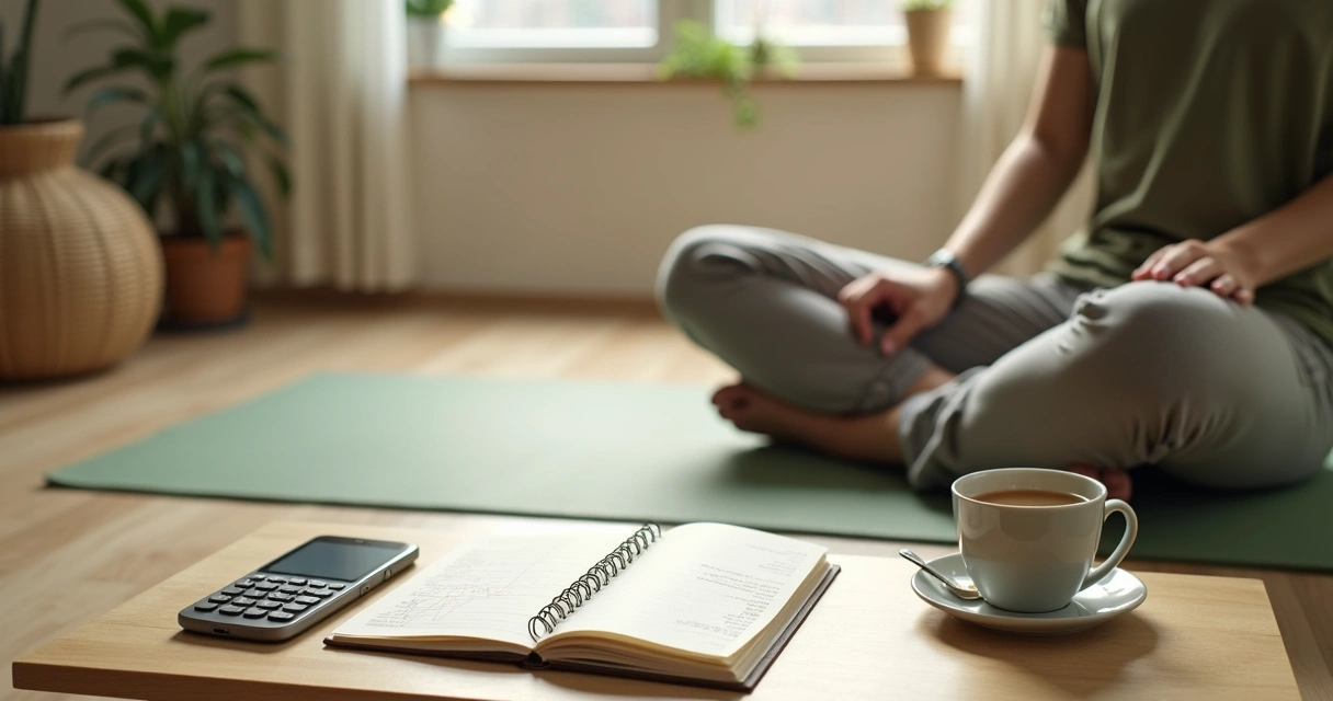 Pessoa meditando com caderno financeiro e celular ao lado 