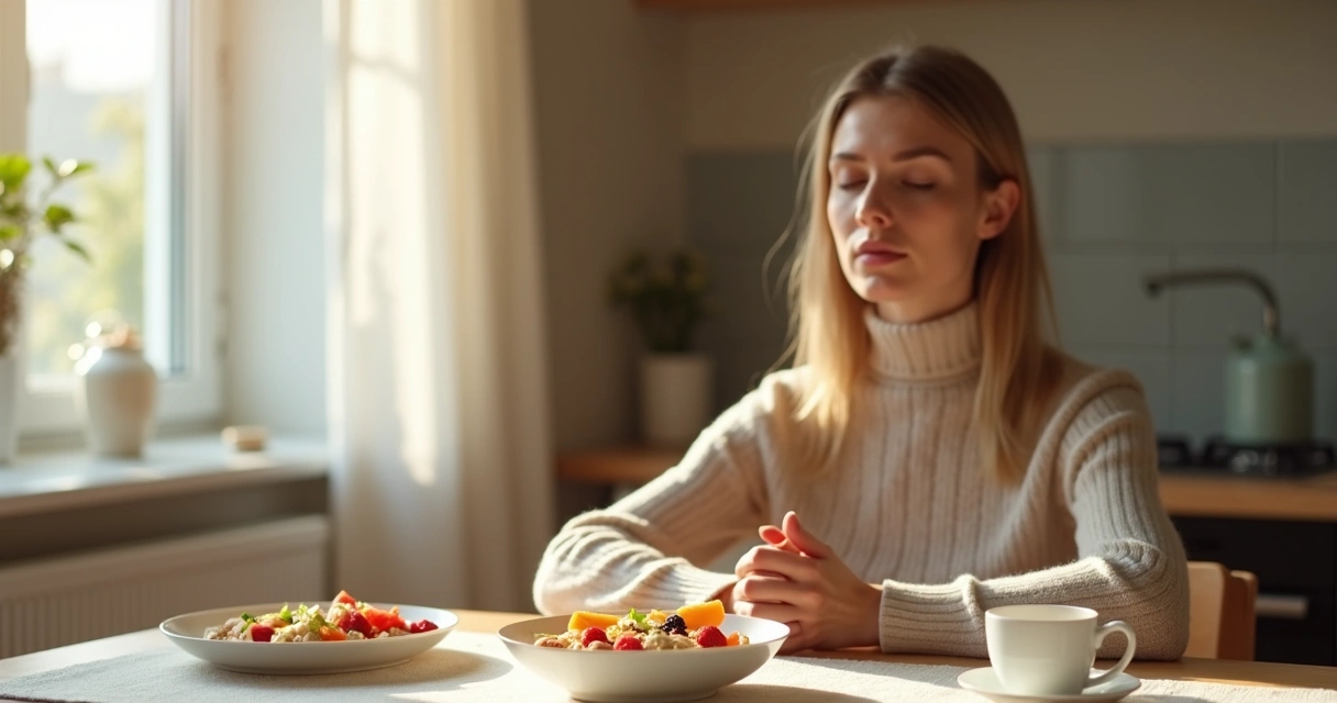 Pessoa meditando à mesa com frutas e chá 
