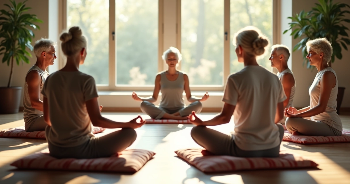 Adultos maduros praticando meditação em grupo 