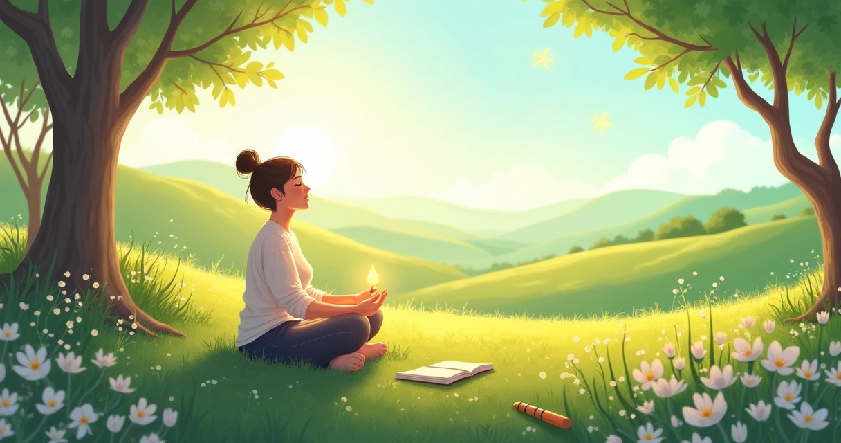 Pessoa meditando em um ambiente natural, com um diário ao lado, representando a conexão com a intuição.