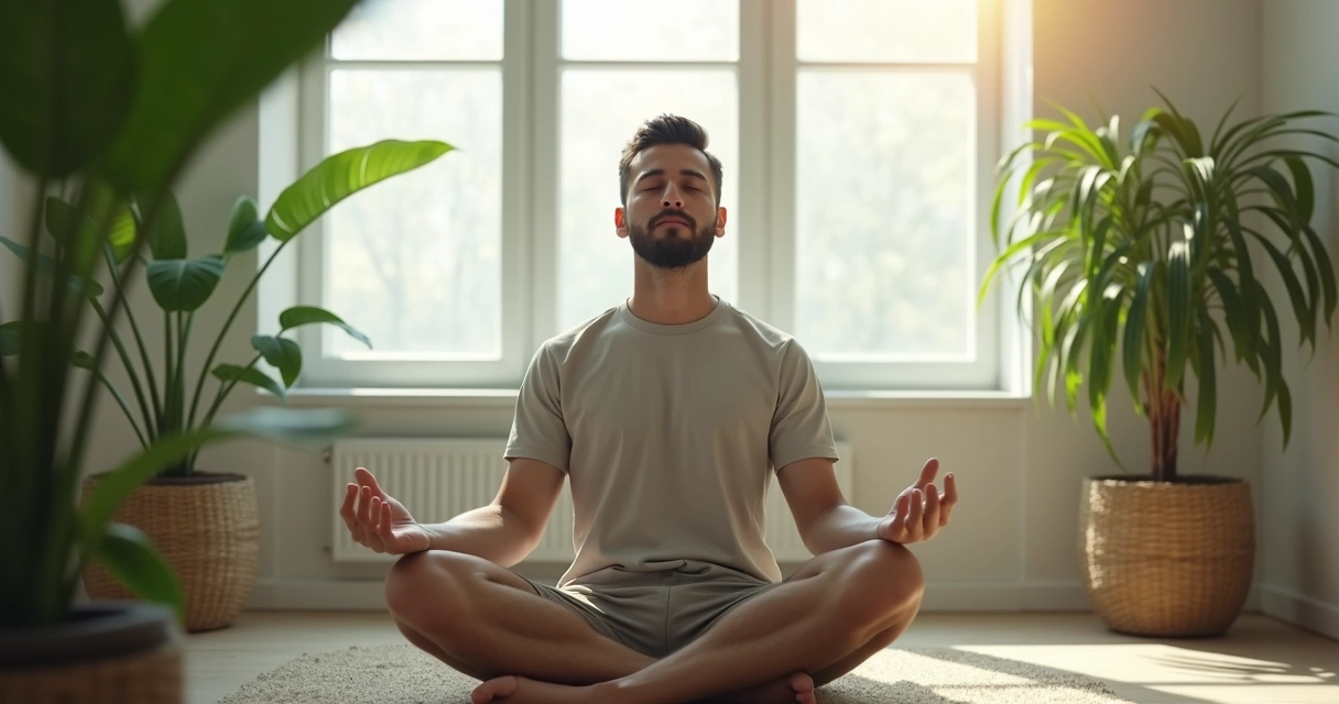 Homem sentado em posição de meditação, olhos fechados. 