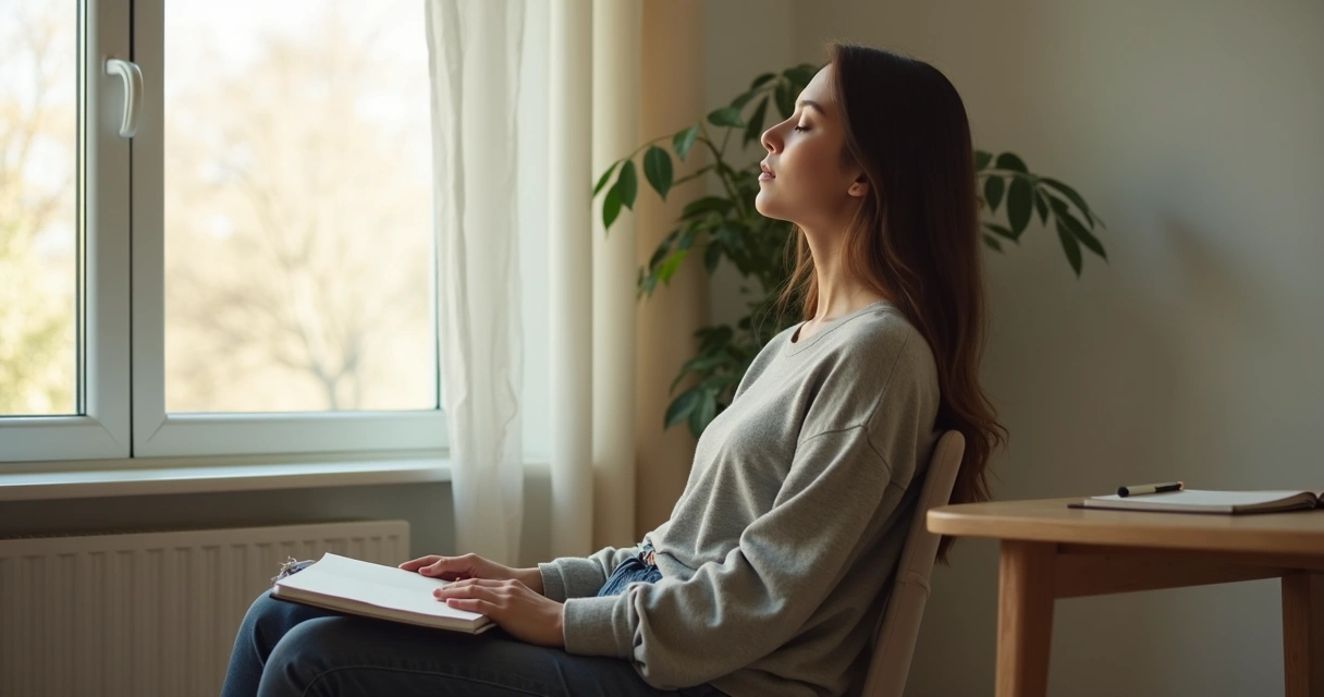 Pessoa sentada em silêncio com caderno e luz natural ao lado 