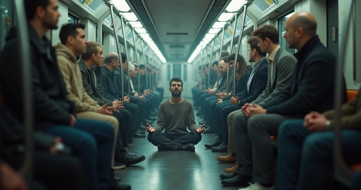Pessoa em posição de meditação em metrô lotado, clima de caos e barulho ao redor 