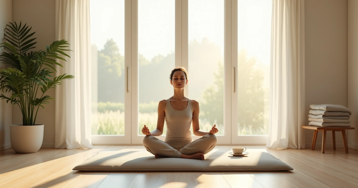 Pessoa sentada em meditação perto de janela com luz suave e ambiente organizado 