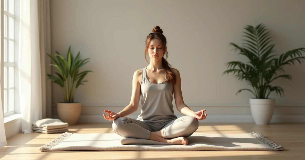 Pessoa sentada em meditação em ambiente interno calmo com luz suave