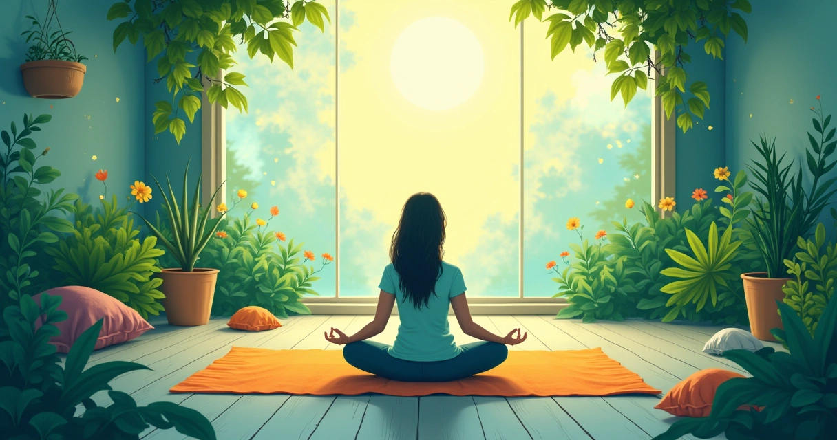 Pessoa meditando em um ambiente sereno, rodeada por plantas verdes e luz suave do sol.