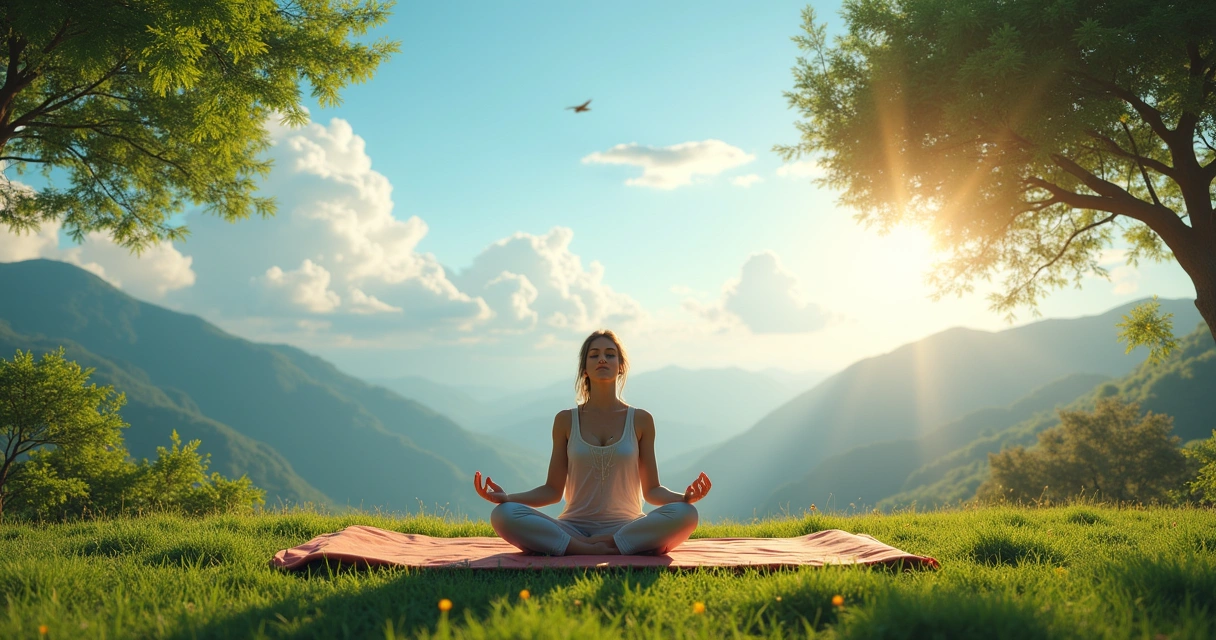 Uma pessoa meditando em um ambiente tranquilo com montanhas ao fundo e o sol se pondo.