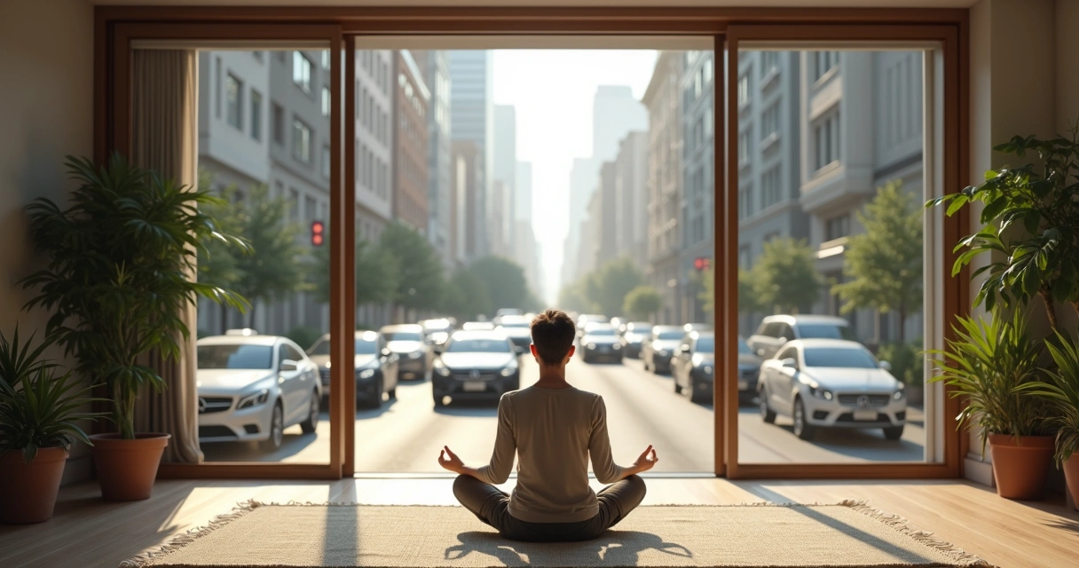 Pessoa meditando sentada em sala urbana com trânsito visível