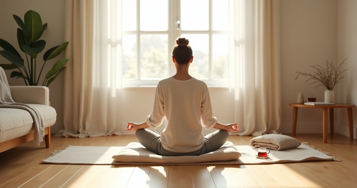 Pessoa sentada em almofada meditando em sala clara com luz natural 