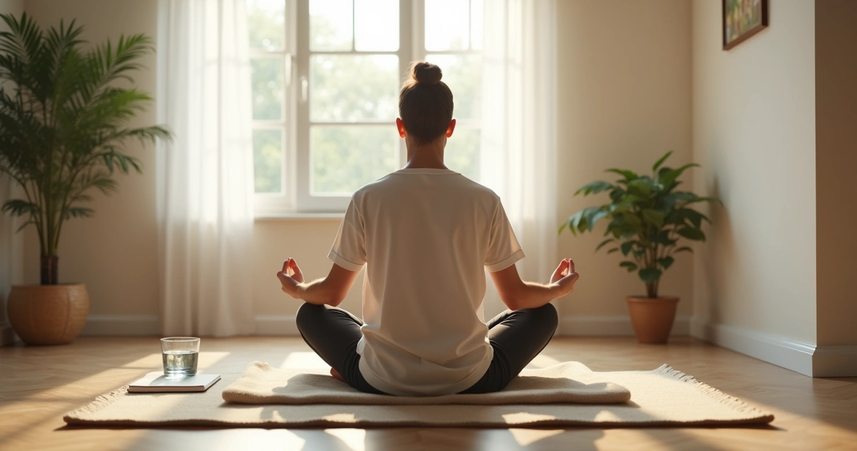 Pessoa sentada em meditação em um canto simples da casa 