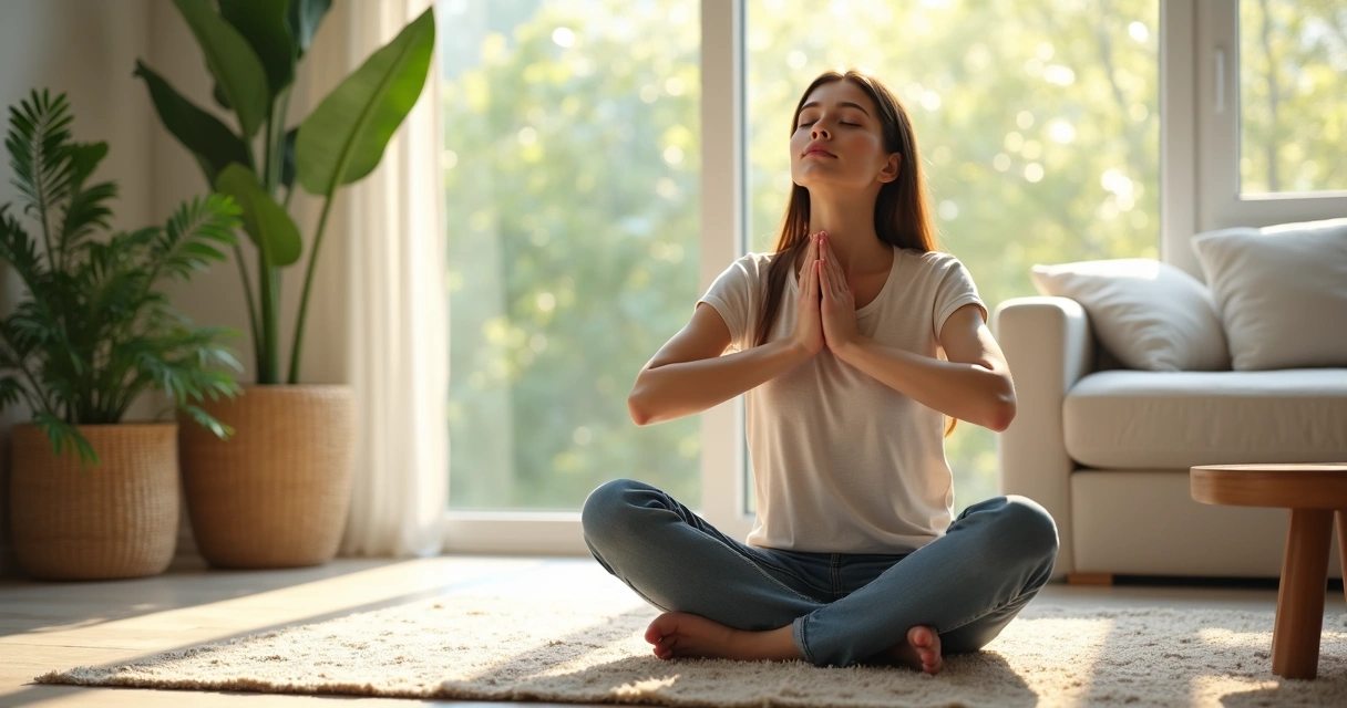 Pessoa sentada no chão em posição de meditação dentro de casa, com luz suave entrando pela janela 