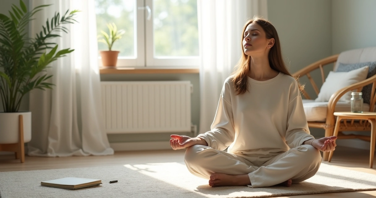 Pessoa sentada em meditação em um ambiente simples e iluminado