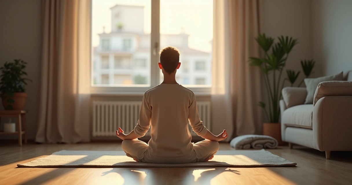 Pessoa sentada meditando em sala com luz suave e ruídos urbanos ao fundo