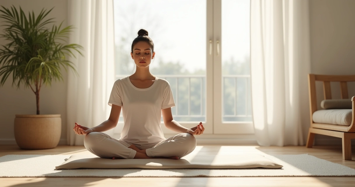 Pessoa meditando em ambiente calmo com luz natural 
