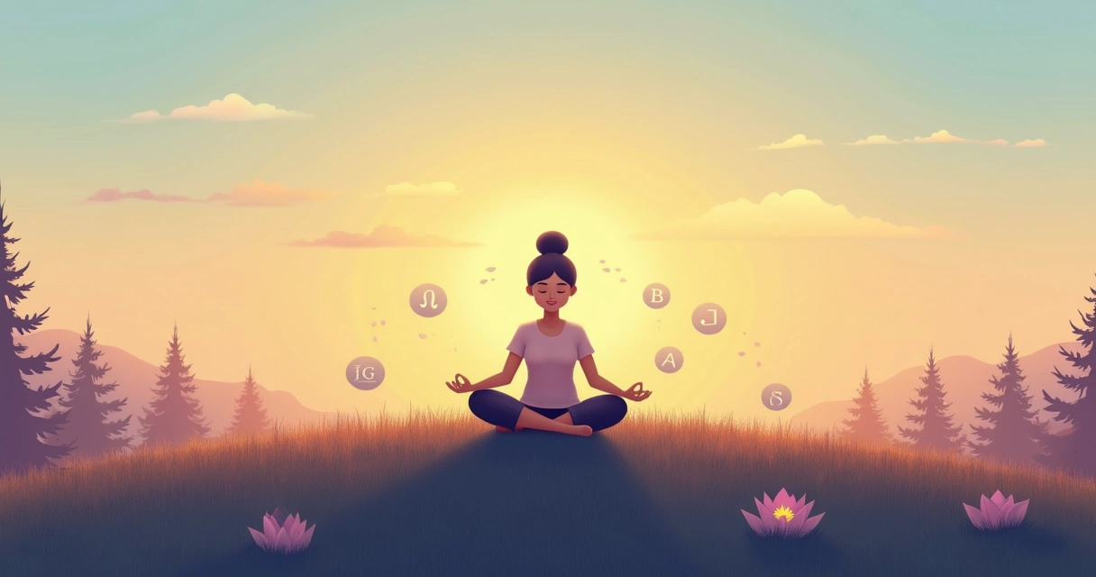 Homem meditando em uma colina tranquila ao pôr do sol, rodeado por flores de lótus. Cores suaves em harmonia.
